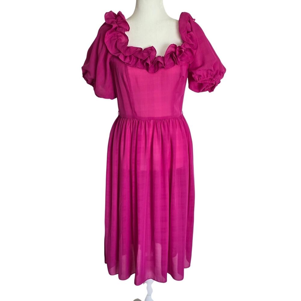 Vintage 80s New Raves Fuchsia Ruffle Prairie Peasant Dress Size 9